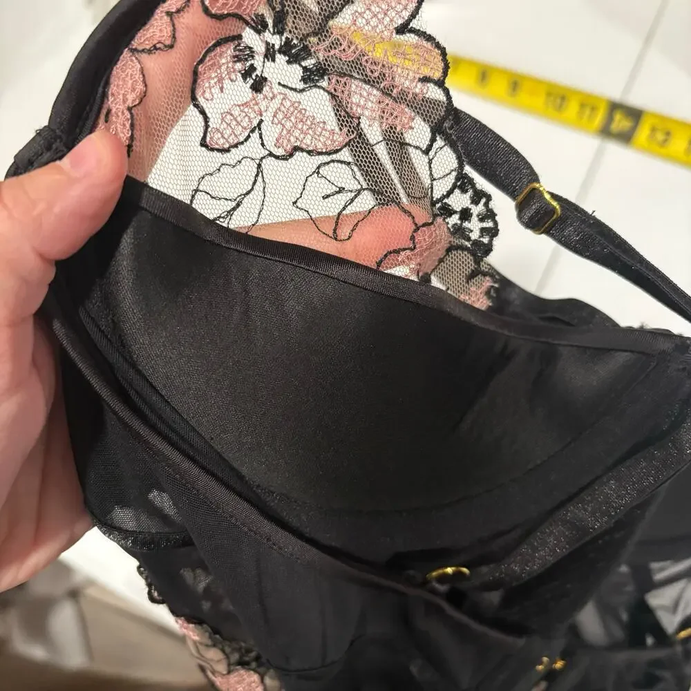 House of Desire Nova Blacklight Lace Chemise In Black  Floral Lingerie Large - Picture 7 of 9